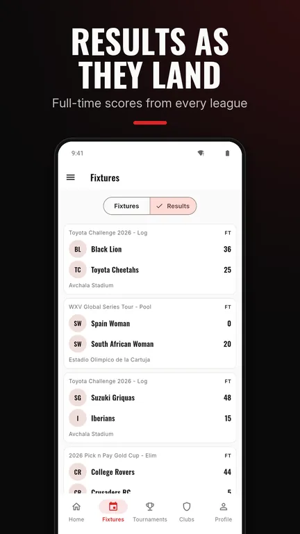 ClubRuggas app results list