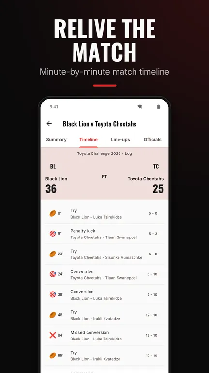 ClubRuggas app minute-by-minute match timeline