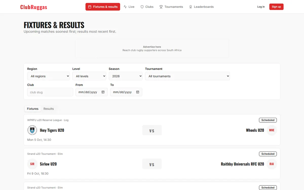 ClubRuggas fixtures and results with filters