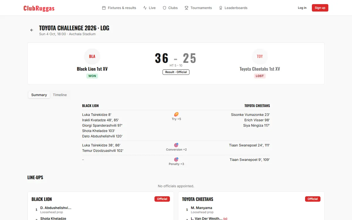 ClubRuggas match page with score, scorers and line-ups