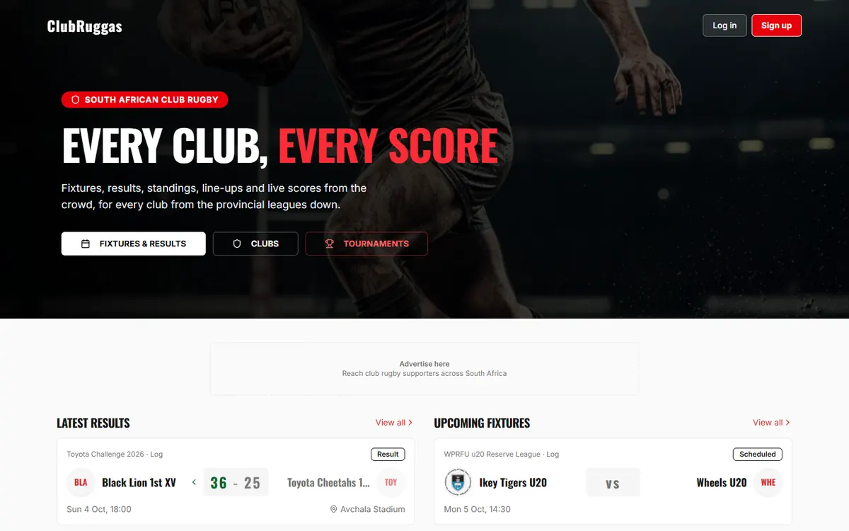 ClubRuggas homepage with latest results and fixtures