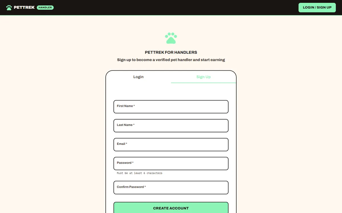 PetTrek handler sign-up