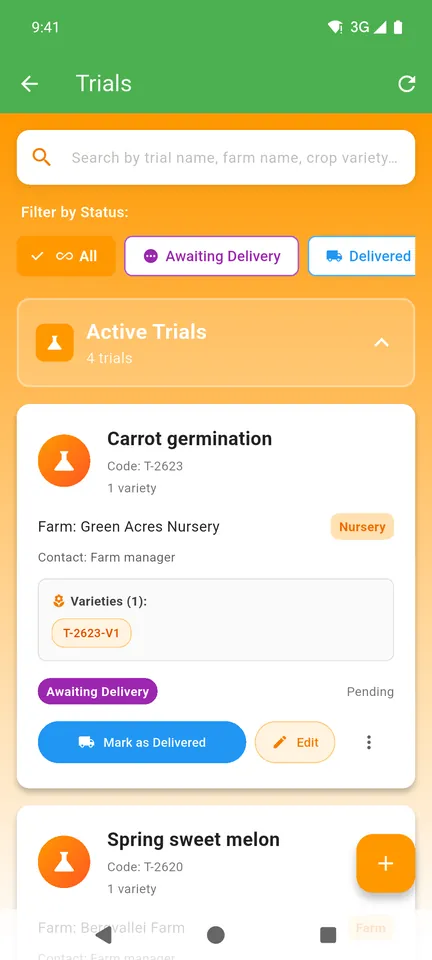 Trials list with status filters